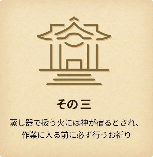 その三 蒸し器で扱う火には神が宿るとされ、<br>作業に入る前に必ず行うお祈り